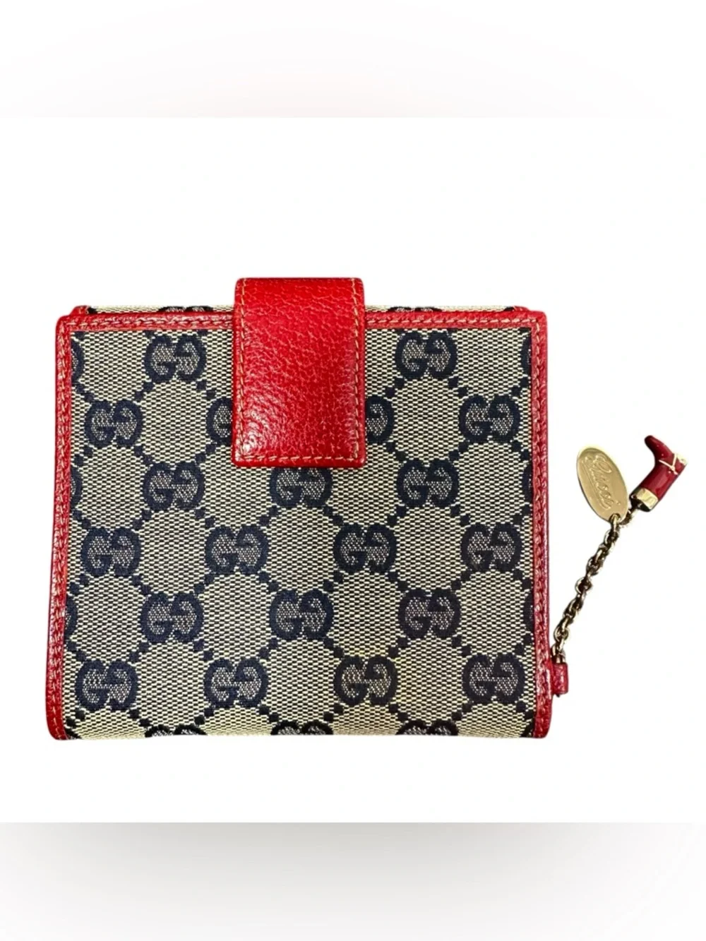 Gucci GG Monogram Navy Canvas & Red Leather Boot Charm Compact Bifold Wallet - Picture 5 of 16